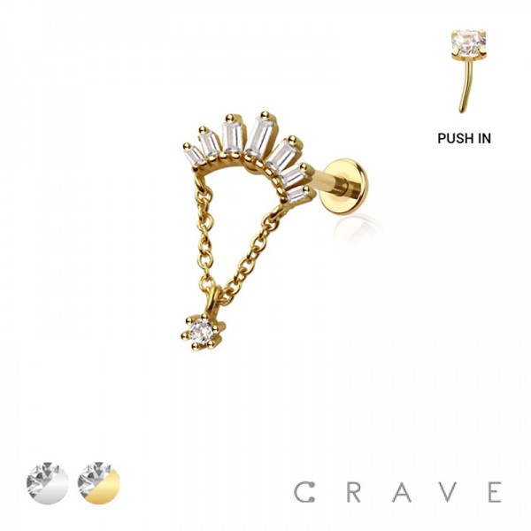 MULTI CZ BAGUETTE BEZEL DANGLE CHAIN TOP 316L SURGICAL STEEL THREADLESS (PUSH IN ) LABRET SET